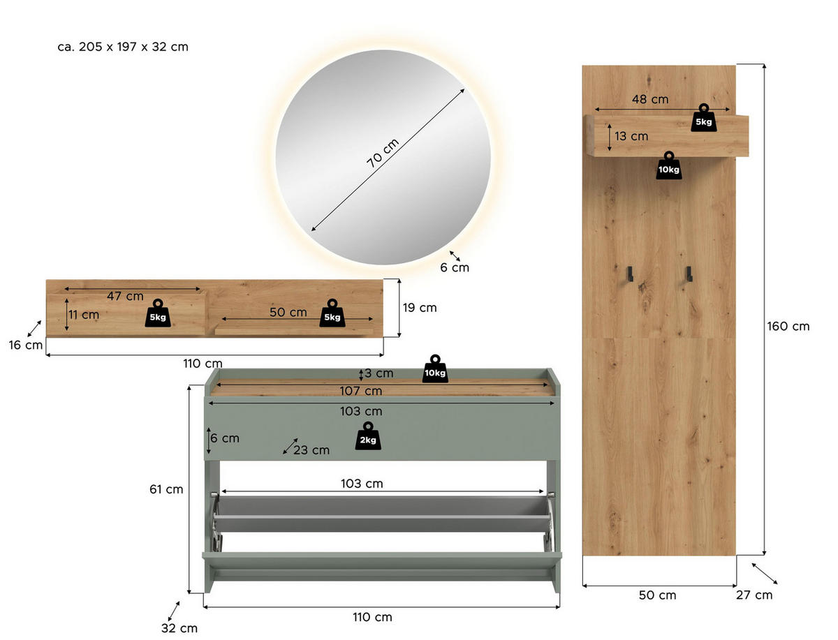 GARDEROBE Flow (B/H/T: ca. 205/197/32 cm) 4 tlg. in Salbei/Salbei - Salbeigrün, Holzwerkstoff (205/197/32cm) - Homes & Jones