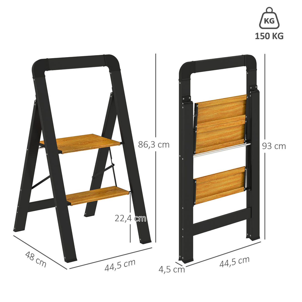 TRITTLEITER Klapptritt mit 2 Stufen Aluminium Schwarz 44,5 x 48 x 86,3 cm - Schwarz, Metall (44.5/48/86.3cm) - HOMCOM