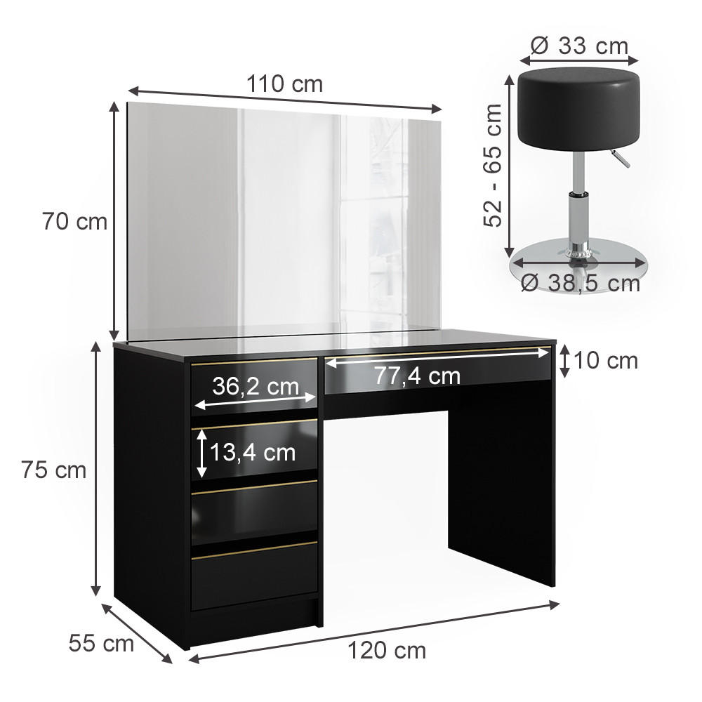 Thumbnail - Vicco Schminktisch-Set, Schwarz, Holzwerkstoff, 5 Fächer, 5 Schubladen, Rechteckig,Rechteckig, 120x75x55 cm, Schlafzimme...