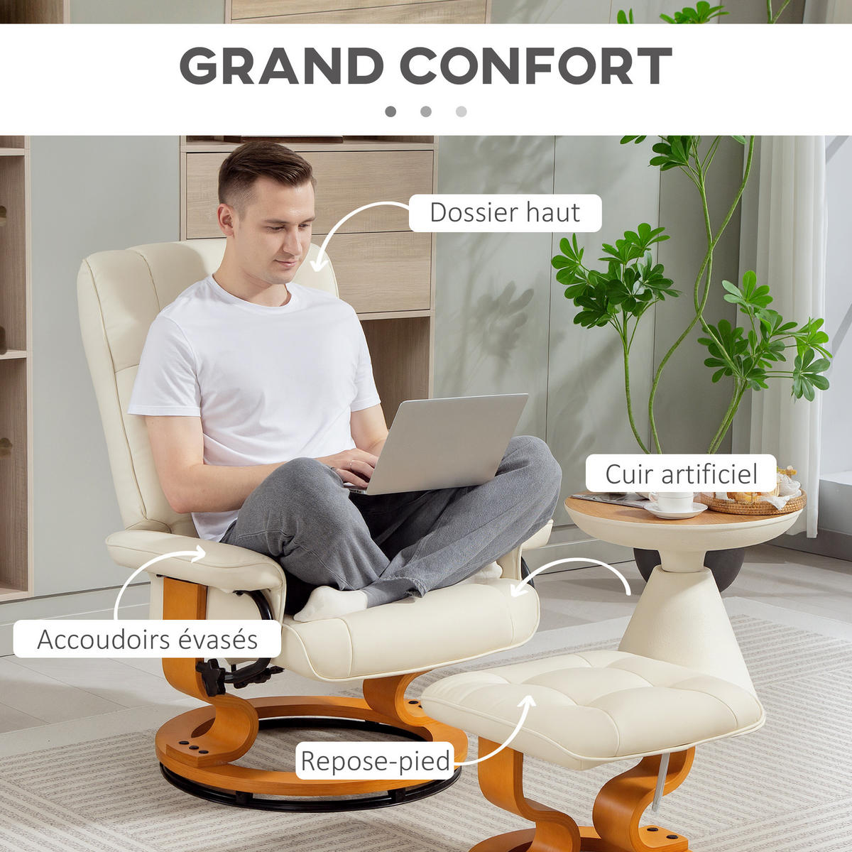 RELAXSESSEL DE-17407 130° neigbar, 360° drehbar mit Fußstütze Creme - Creme, Holz (85/104/76cm) - ComfortXL