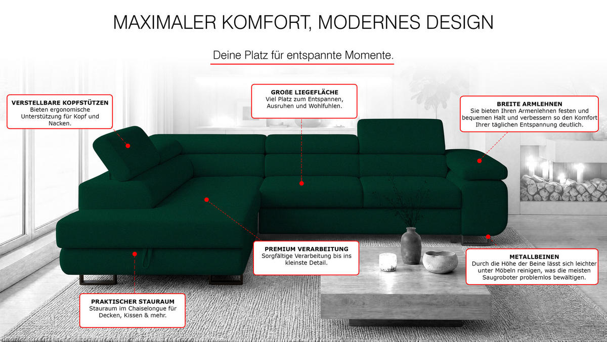 ECKSOFA Velmo mit Bettkasten und Schlaffunktion, verstellbaren Kopfstützen, in L-Form - Dunkelgrün, Textil (275/203cm)
