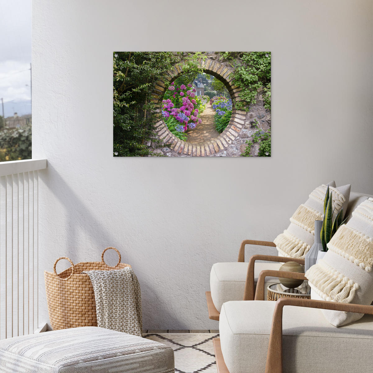 ZAHRADNÍ PLAKÁT Průhled - Květiny - Hortenzie - Léto 90x60 cm - šedohnědá, plast (90/60/0.2cm) - OnlyWow