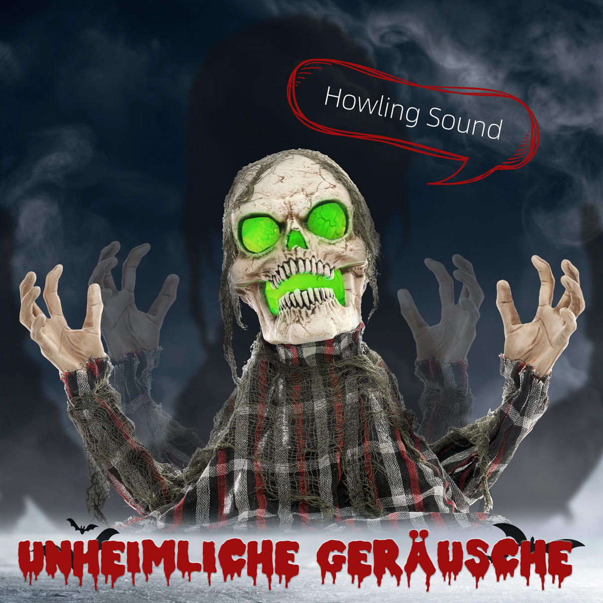 HALLOWEEN DECORATIONS 70cm Skelett Halbkörper Figur, Soundfunktion - Dunkelgrau, Kunststoff/Metall (40/70/16cm) - HOMCOM