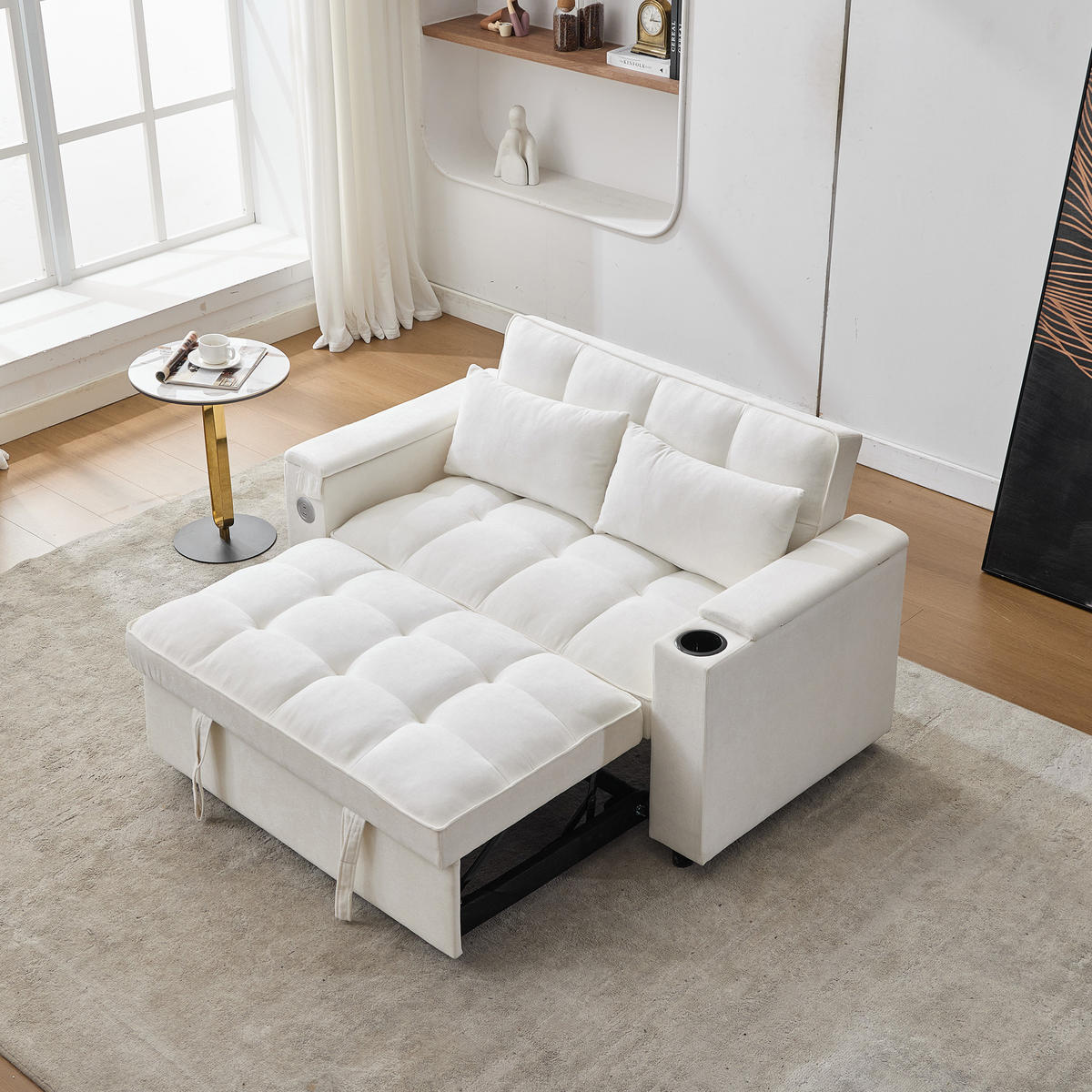 SCHLAFSOFA, Stoff mit USB-Anschluss & verstecktem Tisch, 140,5/74/82 cm, Beige - Beige, Textil (140.5/82/74cm) - Redom