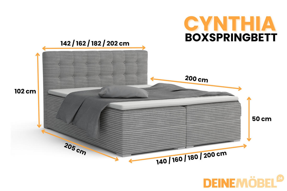 BOXBETT CYNTHIA 200/200 in Cord Hellgrau H4 - Hellgrau, Holz/Holzwerkstoff (200/200cm) - Deine Möbel 24