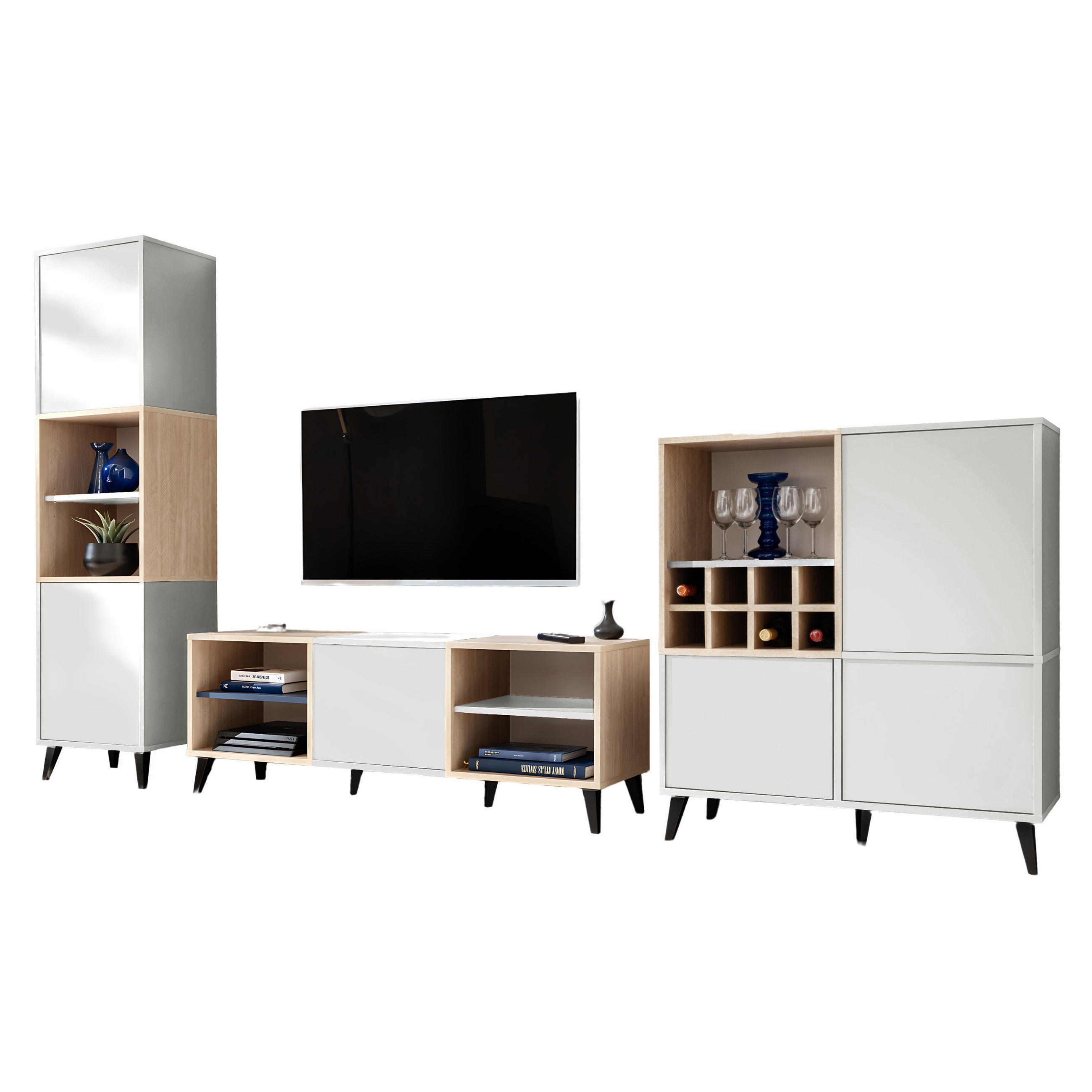 WOHNWAND MIT WEINSCHRANK FONDI, 3-er set, Weiß, Skandinavische Tanne - Hellbraun/Weiß, Glas/Holzwerkstoff (272/173/35cm) - Komodee