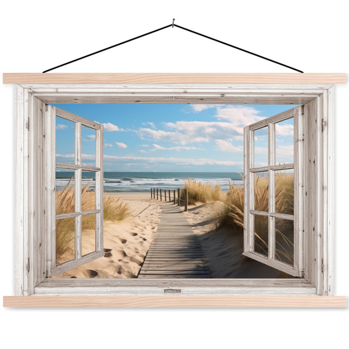POSTER Fenster - Meer - Küste - Natur - Fensterblick - Strand - Wattenmeer 60x40 cm - Beige, Textil (60/40/0.15cm) - MuchoWow