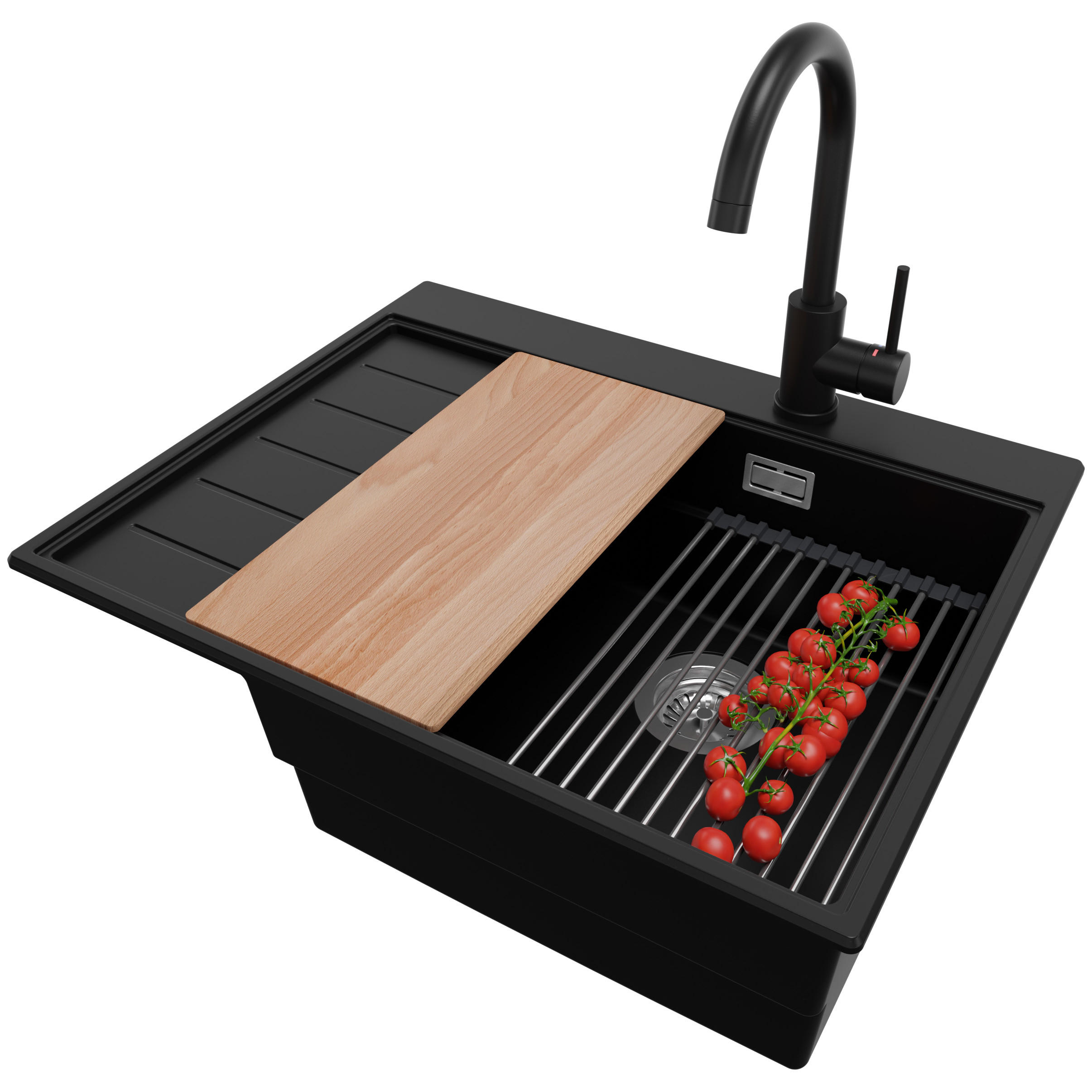 GRANITSPÜLE Sydney, 2-er set Schwarz 62/50 cm 1 Becken + Küchenarmatur 32/20 cm + Ablauf-Set + Küchenzubehörset ab 45er Unterschrank - Chromfarben/Beige, Kunststoff (62/20/50cm) - Primagran