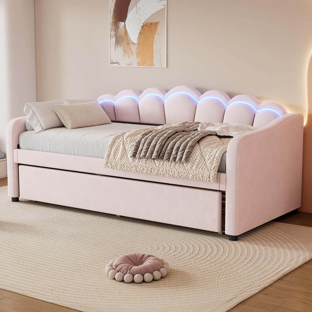 BETT 90/200 cm in Rosa mit Ausziehbett und LED-Kopfteil, inkl. Lattenrost - Rosa, Textil (90/200cm) - BEAOK