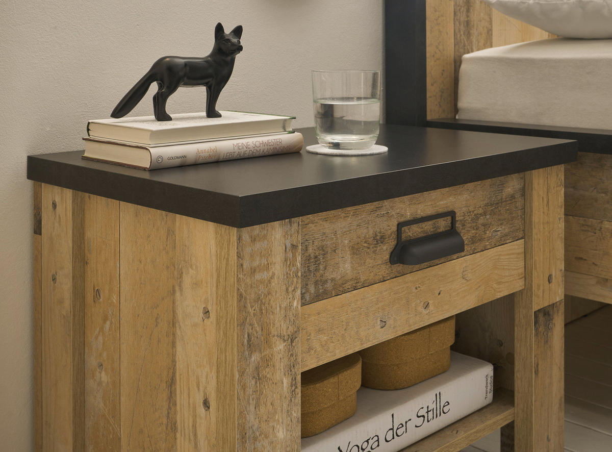 NACHTTISCH Used Wood hell, dunkles Grau 60 x 46 cm, Nachtkommode mit Schubkasten und Soft-Close - Dunkelgrau/Schwarz, Holzwerkstoff/Kunststoff (60/46/39cm) - Furn.Design