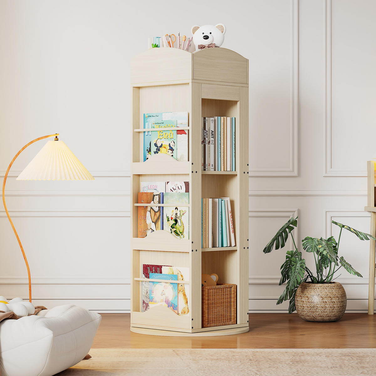 BÜCHERREGAL 142x63x63cm 360-Grad drehbar 4 Böden für Kinder Erwachsene - Naturfarben, Holz (63/142/63cm) - FLIEKS