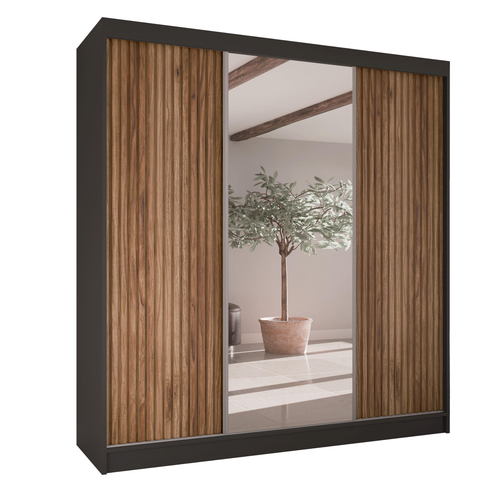 SCHWEBETÜRENSCHRANK Rafi mit Spiegel und mit geriffelten Fronten, 200 cm, Schwarz+eichefarben - Eichefarben/Schwarz, Holzwerkstoff (200/215/61cm) - AN-Moebel 4u