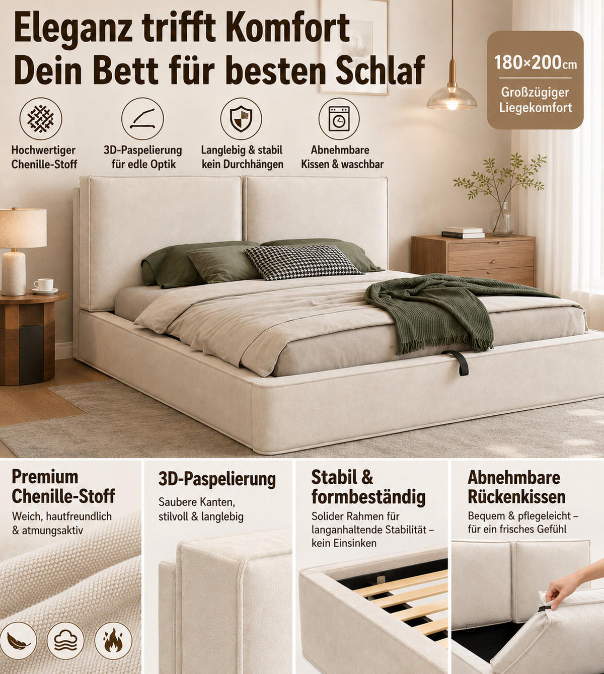 POLSTERBETT 180/200 cm aus Chenille mit hydraulischem Stauraum und Lattenrost Beige - Beige, Textil (180/200cm) - Modenvie