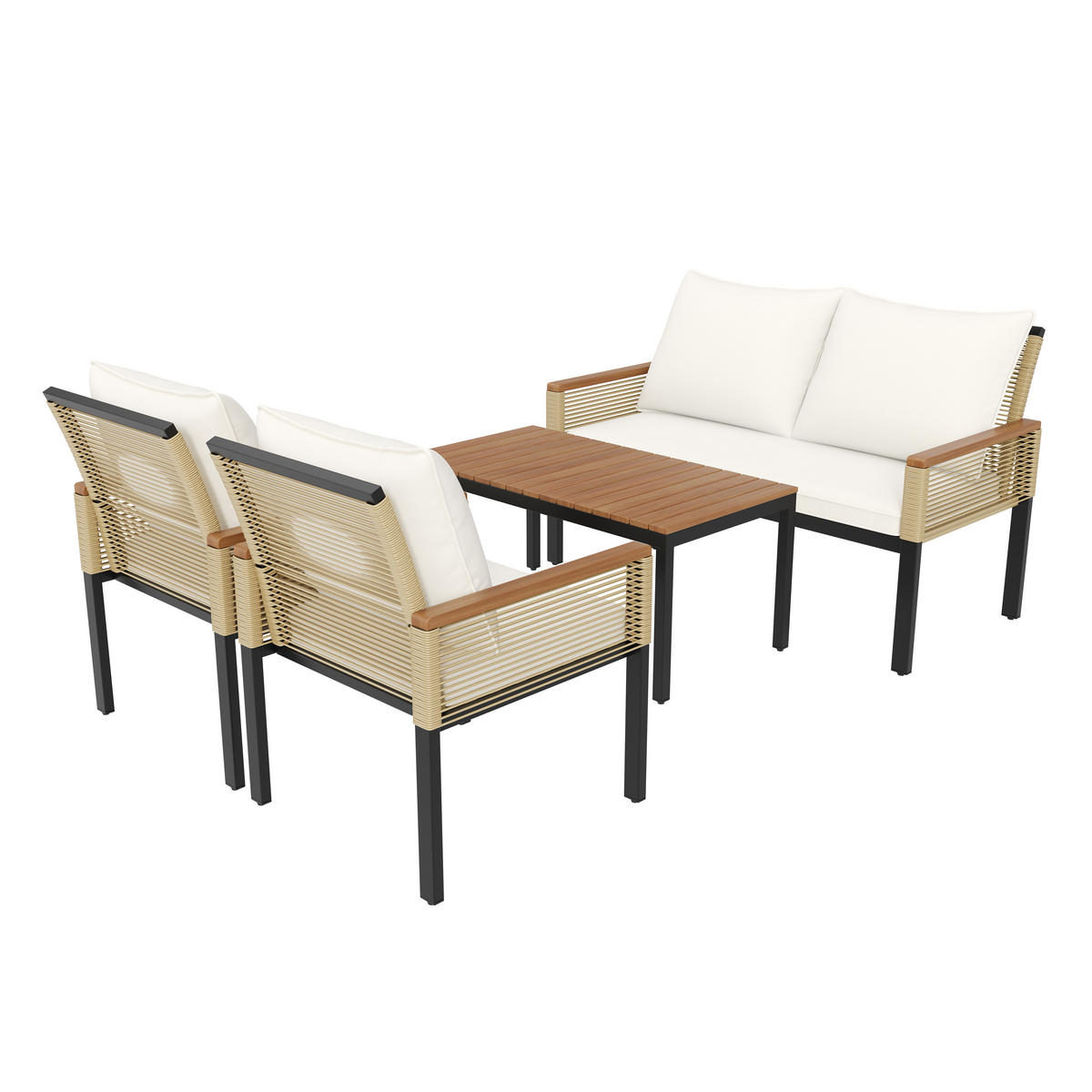 GARTENLOUNGE-SET Rattan Gartenmöbel Set mit 2-Sitzer-Sofa ,2 Sessel und Tisch, beige - Beige/Schwarz, Textil/Metall - STILVORA