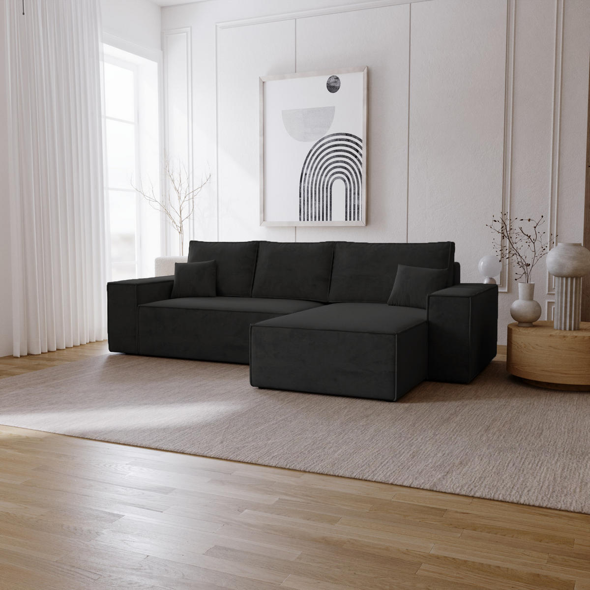 ECKSOFA mit Schlaffunktion Bergamo L 280 cm, Samt, Rechts - Schwarz - Schwarz, Holz (189/277cm) - Emporius
