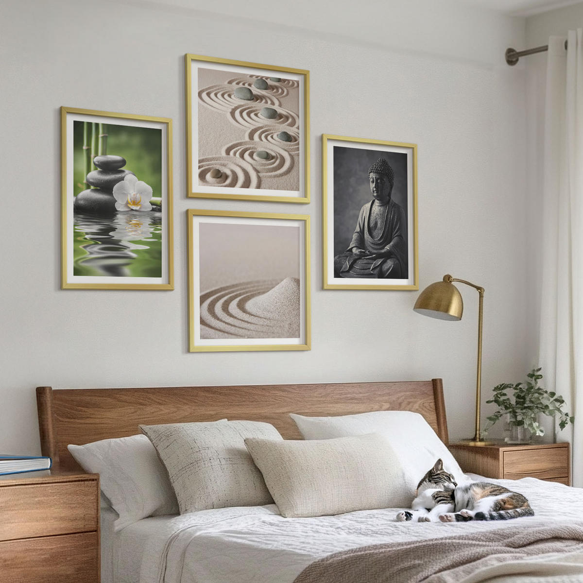WANDBILDER 4er Set - 50x50 cm & 40x60 cm Goldrahmen - Ein entspannter Buddha am Strand - Goldfarben, Kunststoff (50/50cm) - ArtPrintCave