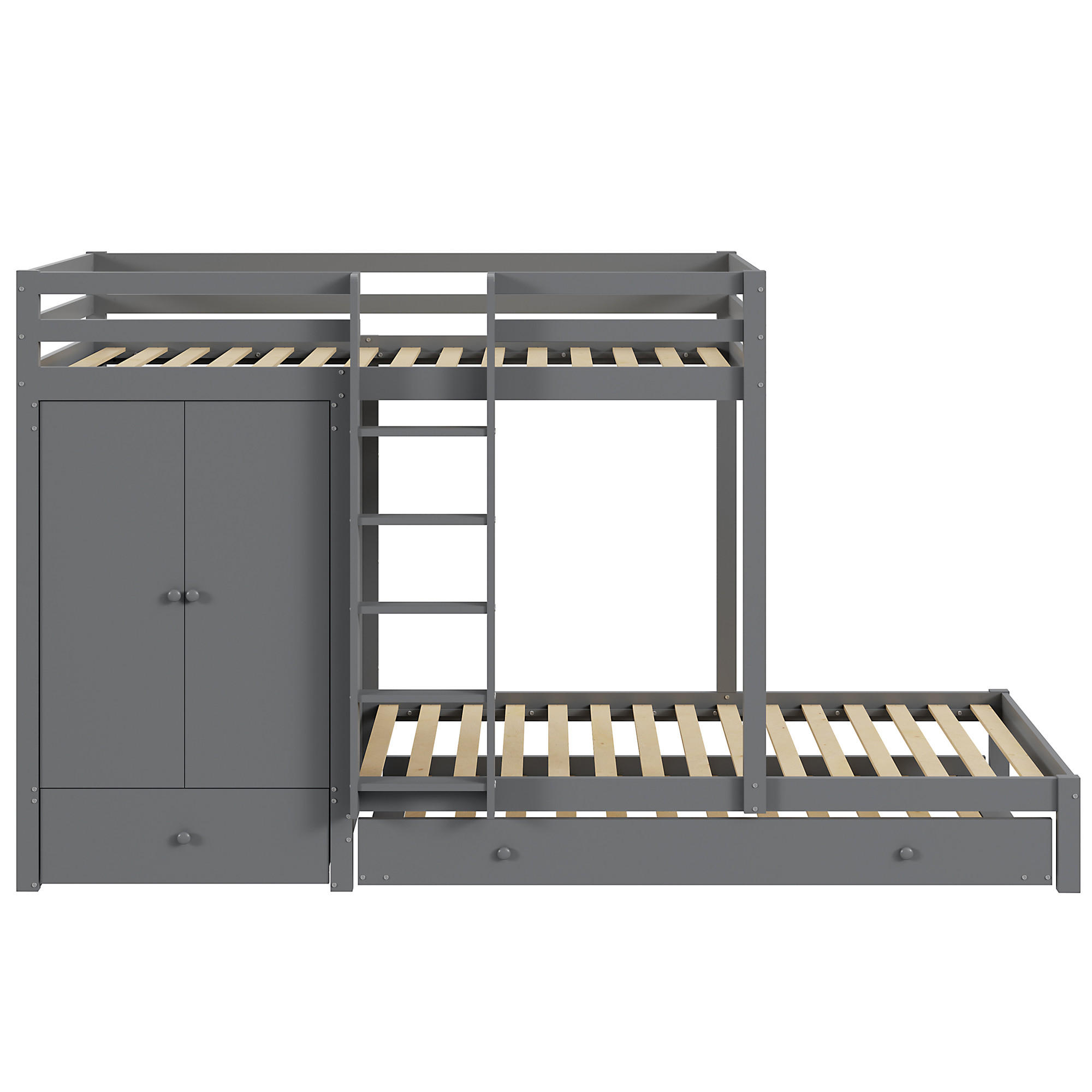 ETAGENBETT 90/200 cm grau mit Ausziehbett, Kleiderschrank und Schubladen - Grau, Metall (90/200cm) - OKWISH