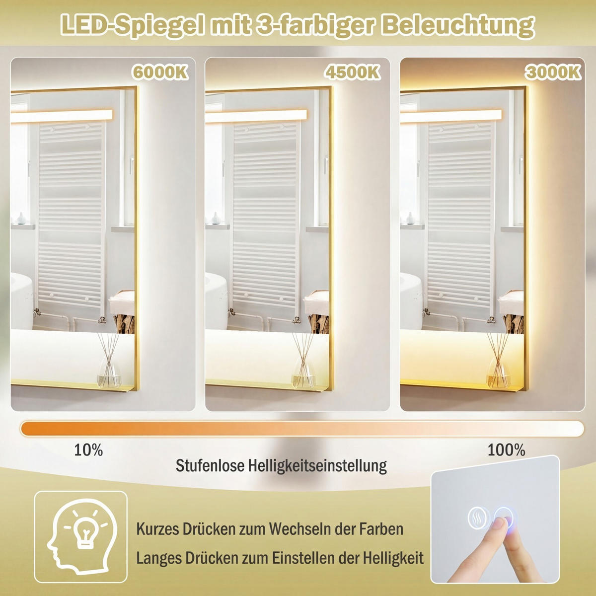 BADSPIEGEL mit Beleuchtung gold - Goldfarben, Glas (60/80/12cm) - COSTWAY