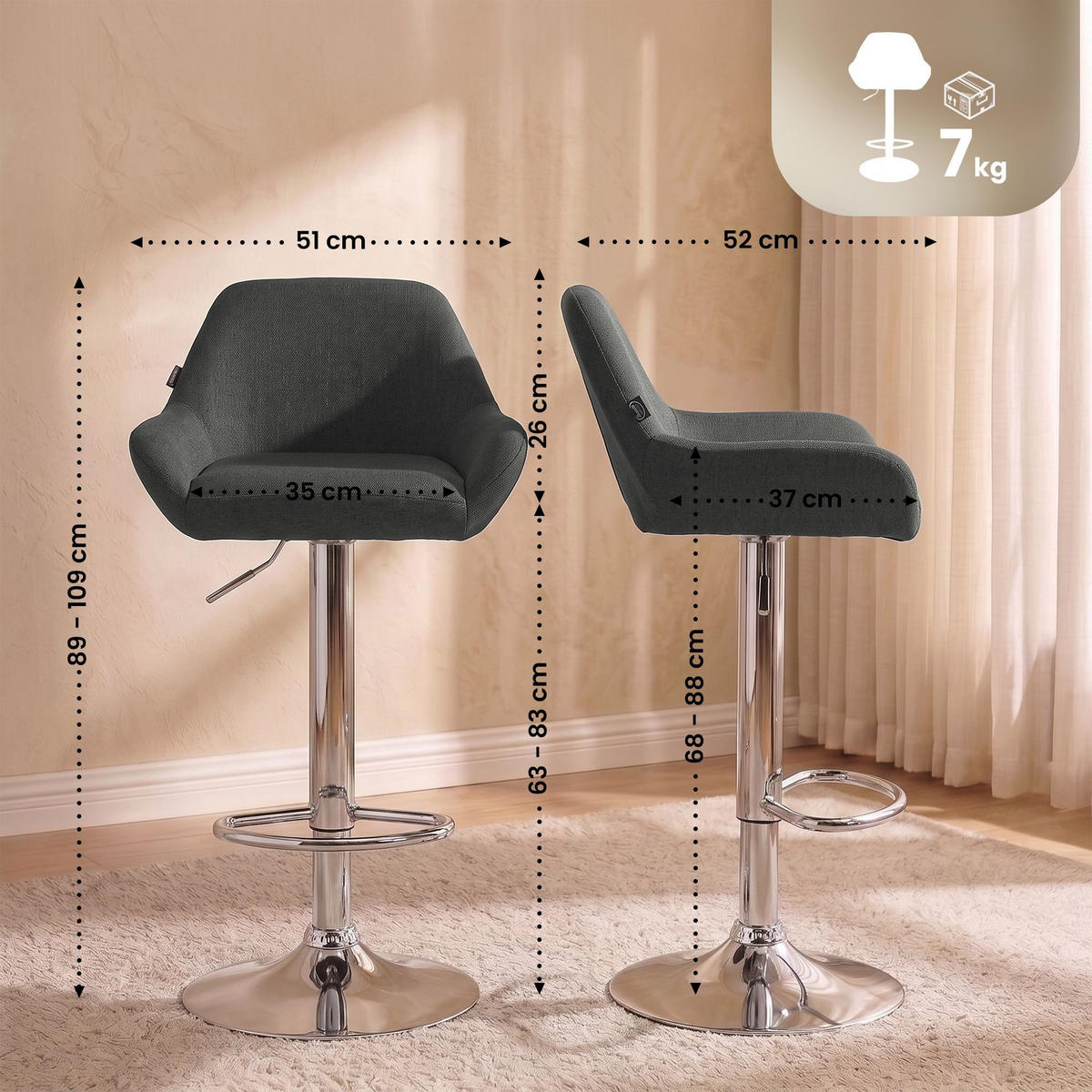 BARHOCKER Braga Stoff 89-109 cm dunkelgrau - Dunkelgrau, Textil (51/89/52cm) - furnicato