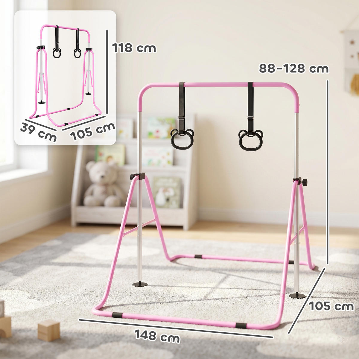 KINDER-TURNBARREN DE-10763 mit Ringen & höhenverstellbar Pink - Pink, Metall (105/148cm) - ComfortXL