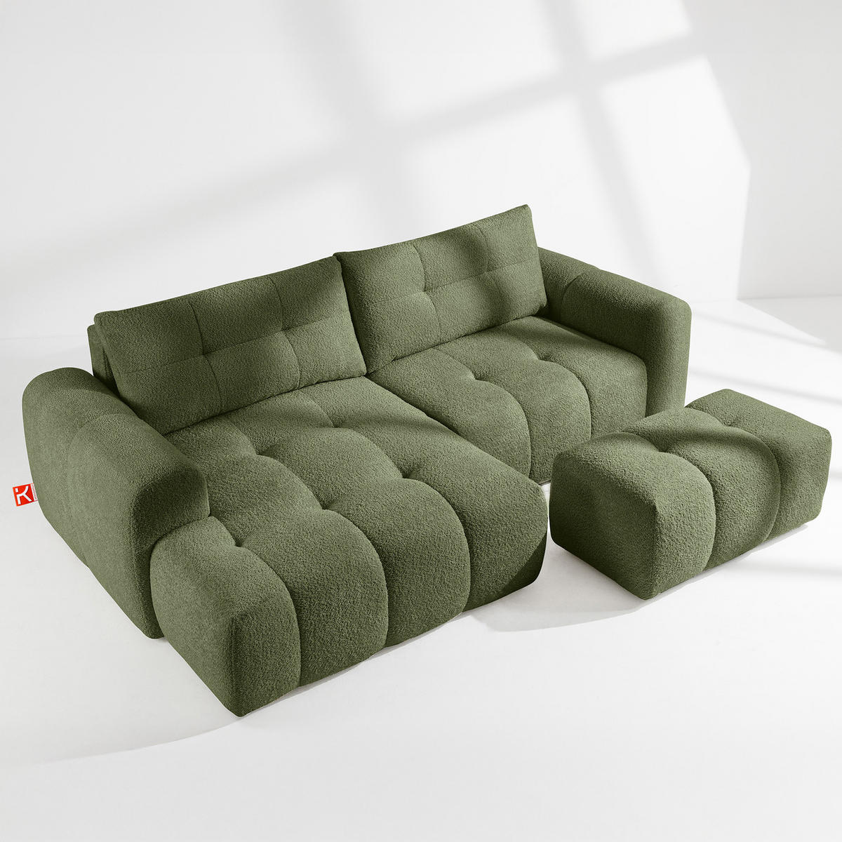 ECKSOFA MIT HOCKER RAVIA, Bouclé, Olivgrün - Olivgrün, Holz/Textil (96/50cm) - KONSIMO®