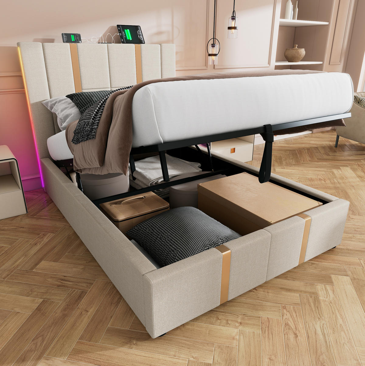 BETT mit Stauraum 90x200 cm Leinen Beige mit LED - Beige, Metall (90/200cm) - Meubliv