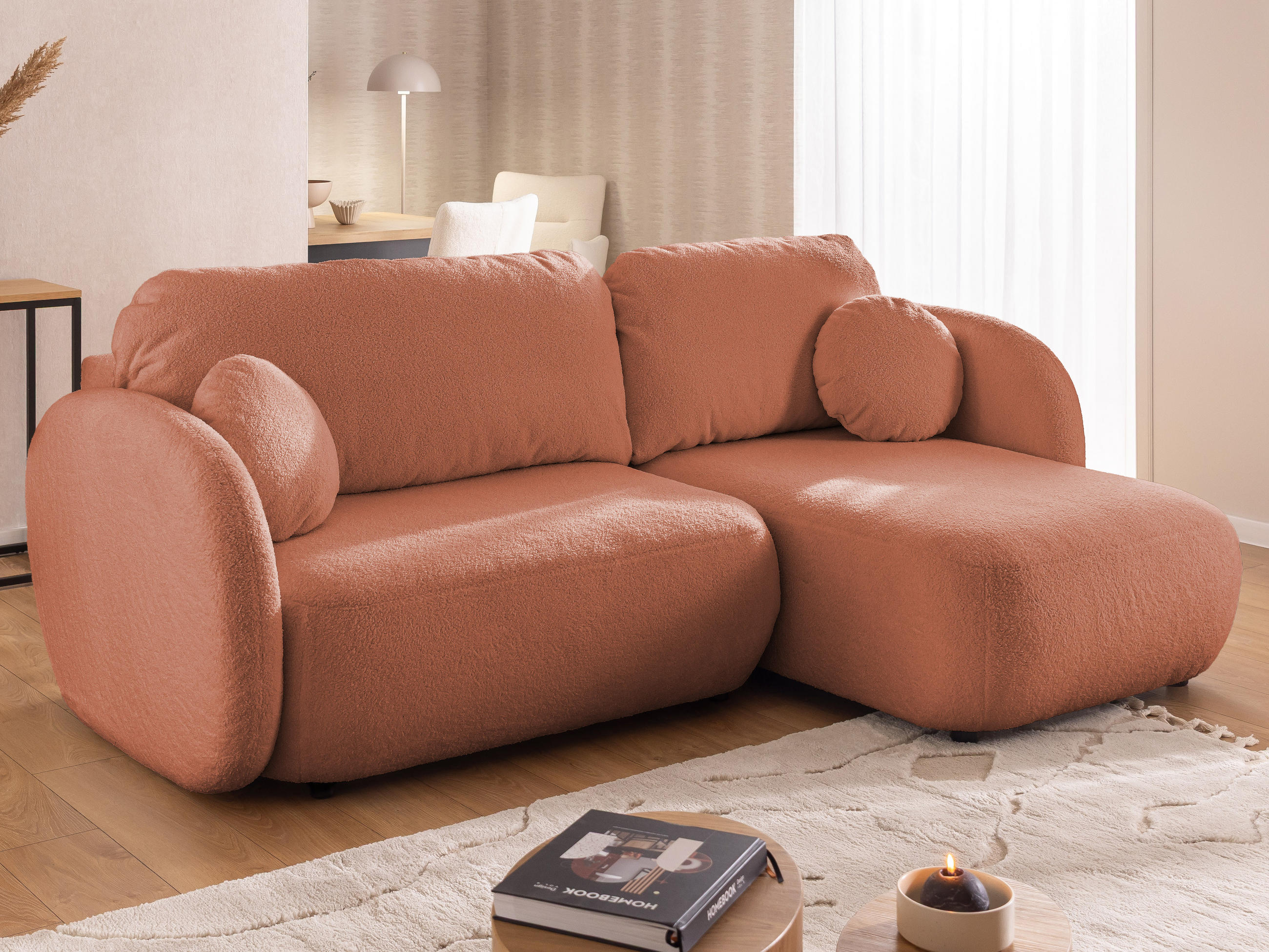ECKSOFA Candy mit Schlaffunktion Terrakotta Bouclé-Stoff - Ottomane rechts - Terra cotta/Schwarz, Holz/Kunststoff (146/230cm) - S-Style Möbel