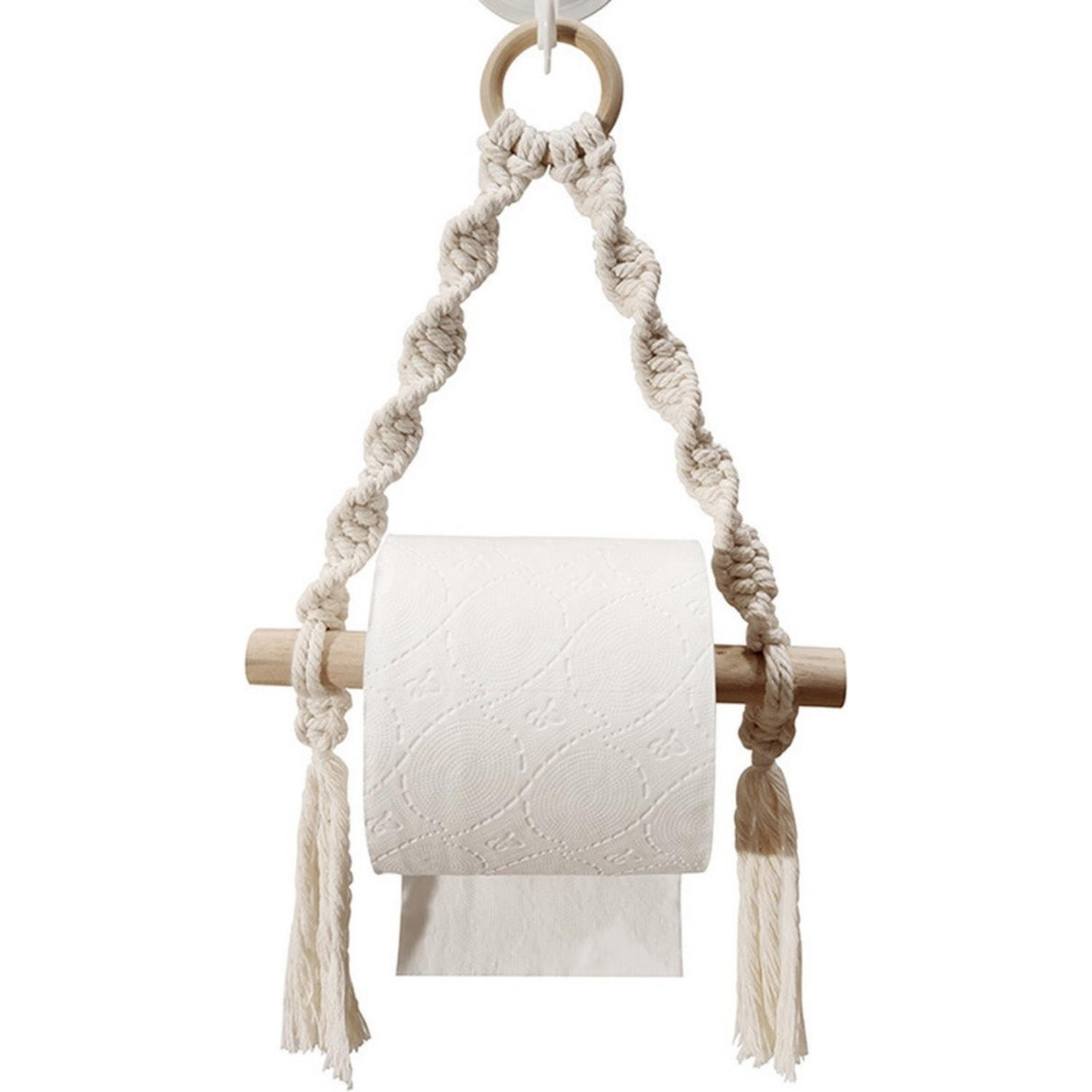 TOILETTENPAPIERHALTER Weiß Bohemian 20 x 24 cm Holz hängend bohrfrei - Beige, Naturmaterialien (20/24/24cm) - MCBOSON