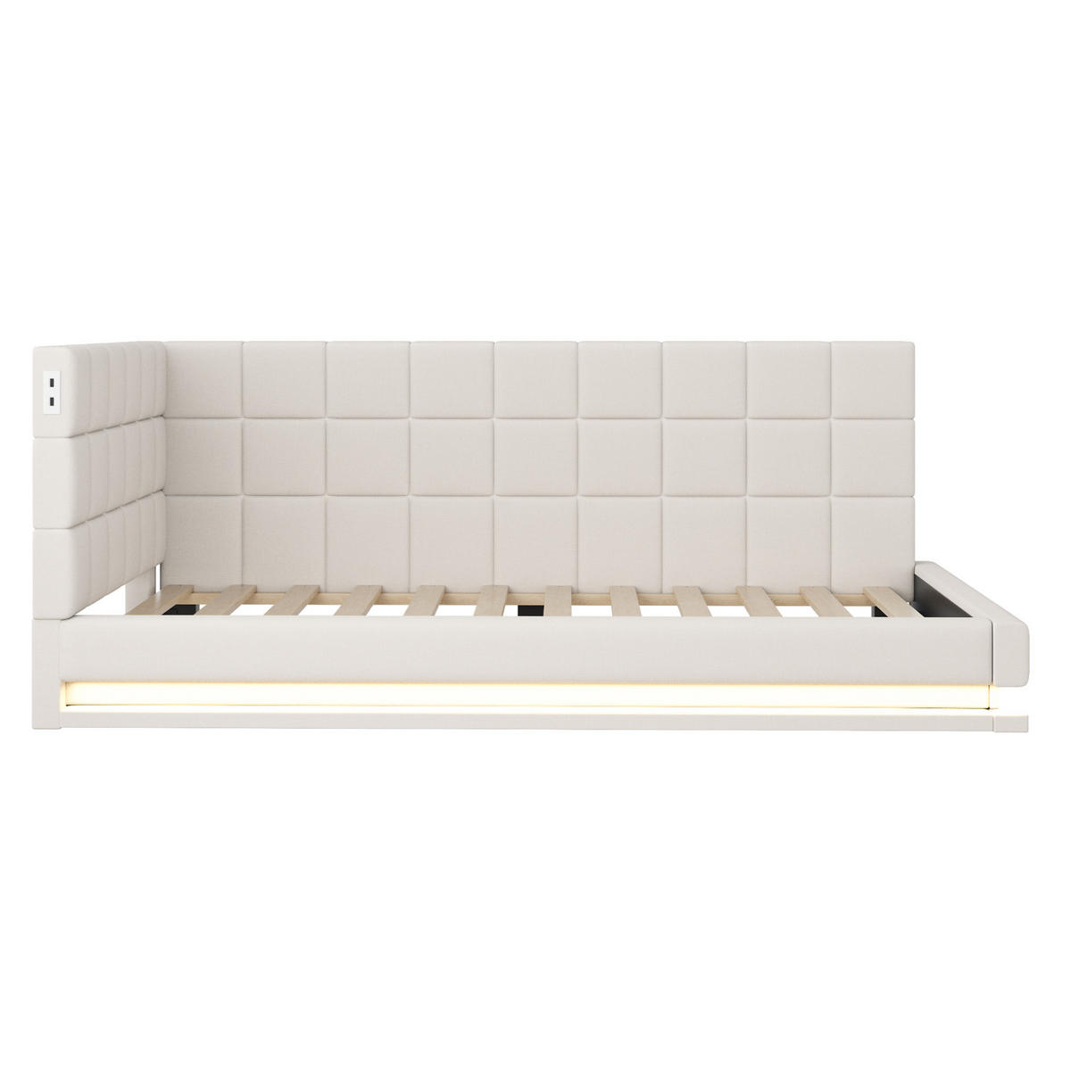 POLSTERBETT 90/200 cm Beige aus Leinen mit LED-Lichtleiste und USB-Steckdose - Beige, Textil (90/200cm) - OKMYHOME