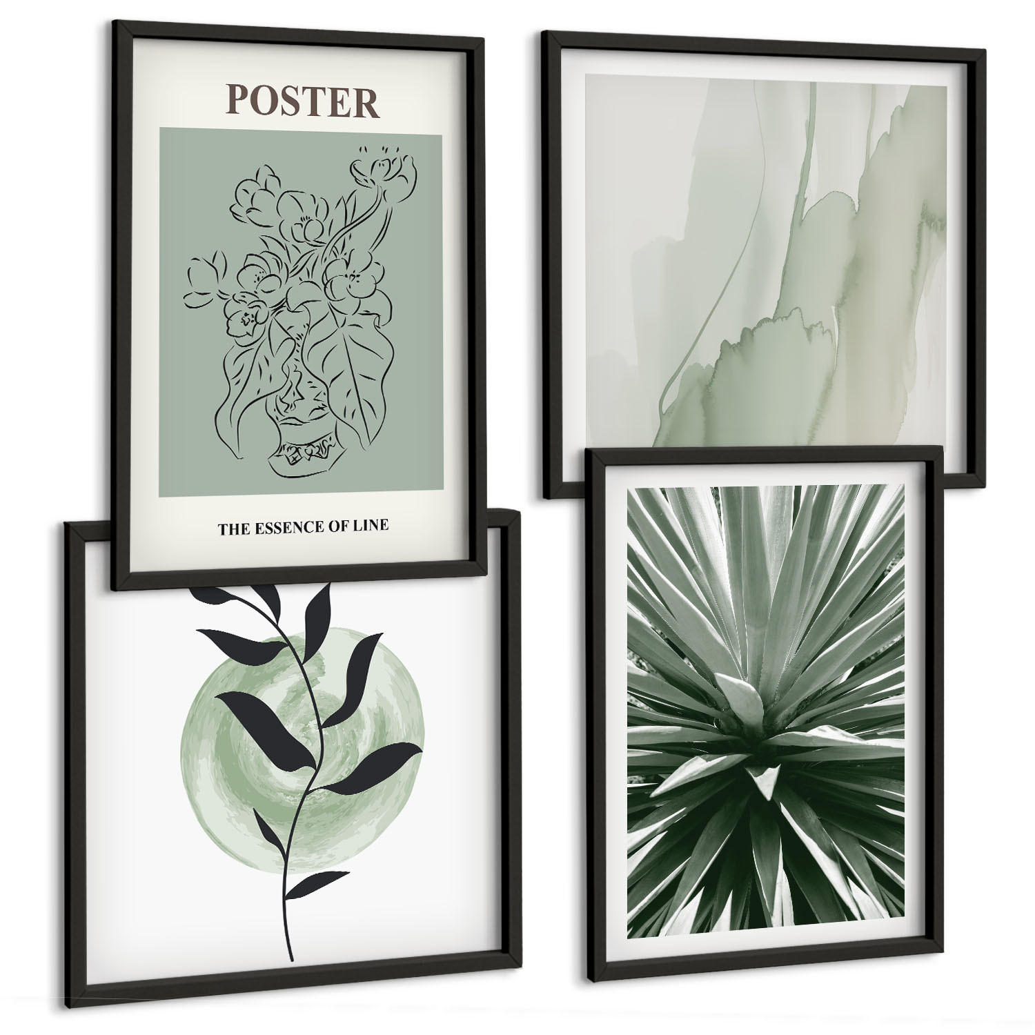 BILDER SET 4er Set - 50x50 cm & 40x60 cm Schwarzer Rahmen - Grün-beige Pflanzenmuster - Schwarz, Kunststoff (50/50cm) - TULUP