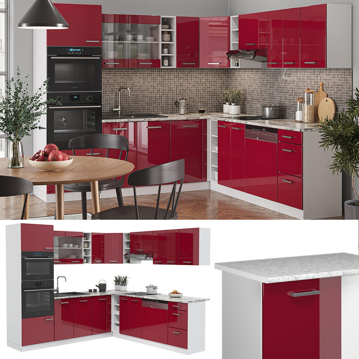 ECKKÜCHE R-Line Bordeaux Hochglanz/Weiß 237 x 247 cm, AP Anthrazit - Bordeaux/Weiß, Holzwerkstoff (247/81.6/60cm) - Vicco