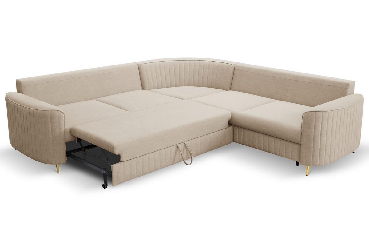 ECKSOFA VELA L-S Beige Velours-Stoff mit Schlaffunktion - Beige, Holz (251/251cm) - MASSENO
