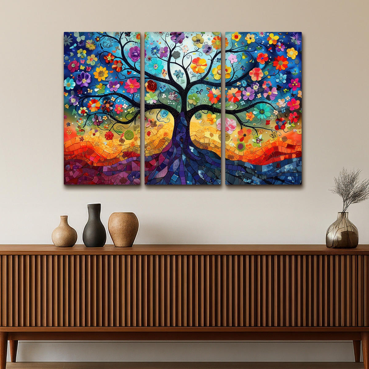 LEINWANDBILD 3er Set Bunt - Baum des Lebens - Blumen - Abstrakt 120x80 cm - Blau, Textil (120/80cm) - MuchoWow