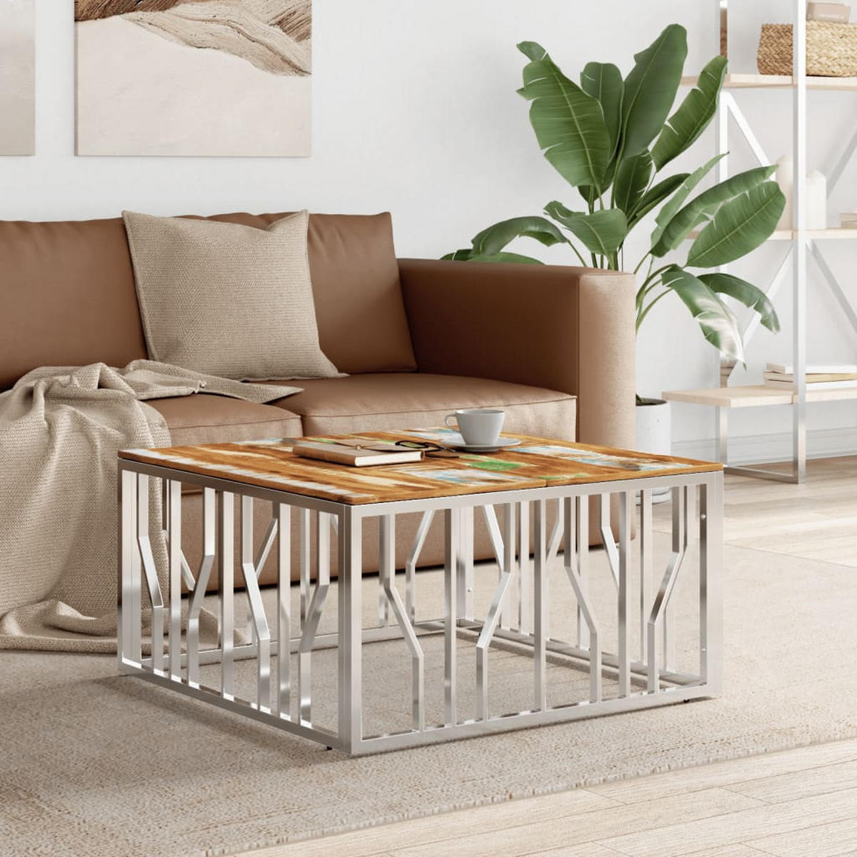 COUCHTISCH Silbern Edelstahl und Altholz Massiv - Silberfarben, Metall (80/80/40cm) - furnicato