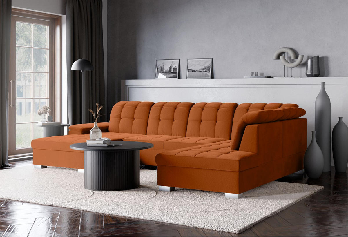 WOHNLANDSCHAFT Jamaal Kupfer Velours linksseitig - Schwarz/Kupferfarben, Textil (330/106/212cm) - Selsey