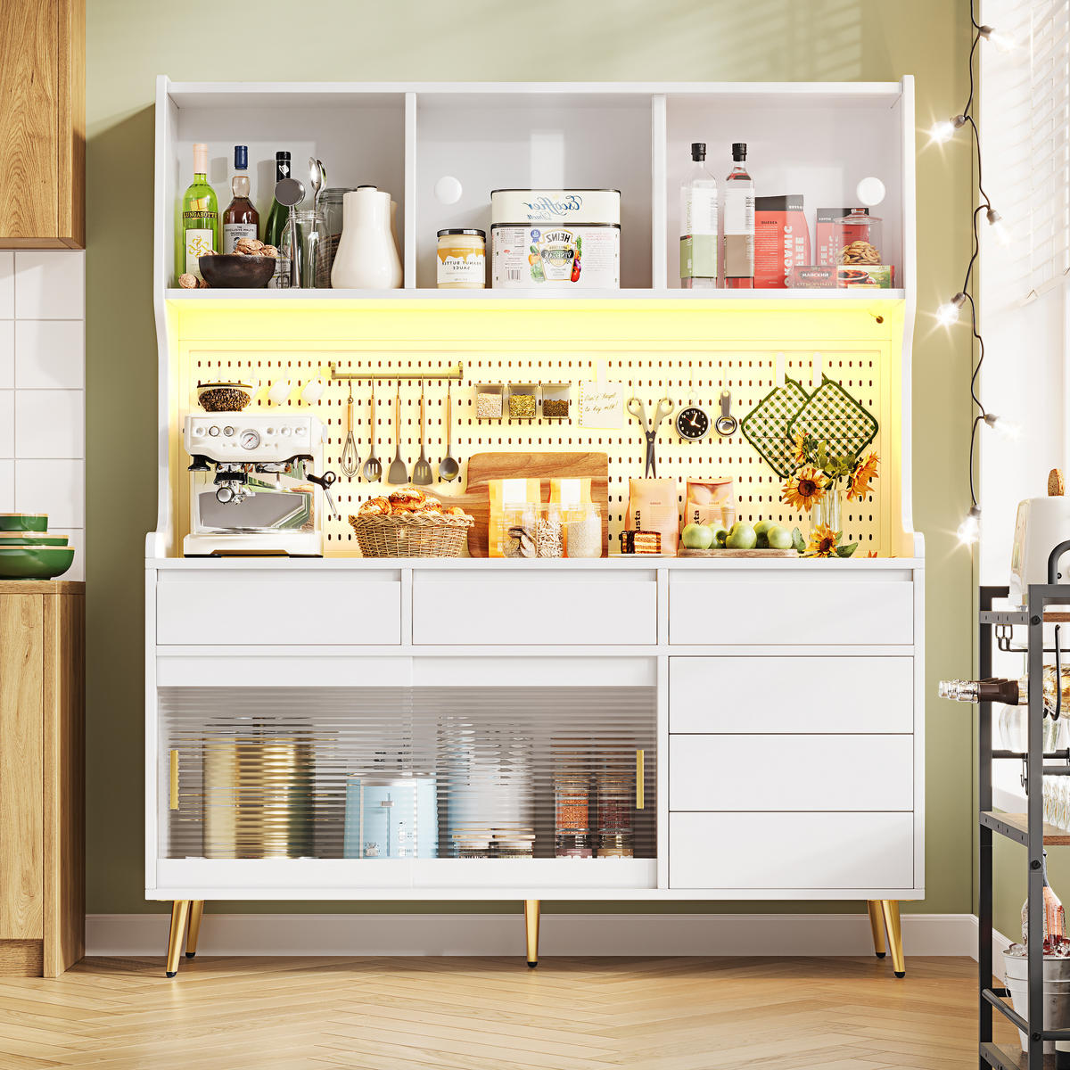 GESCHIRRSCHRANK aus MDF & Glas 145x39x171cm in Weiß mit LED - Weiß, Holzwerkstoff (145/171/39cm) - Modfu