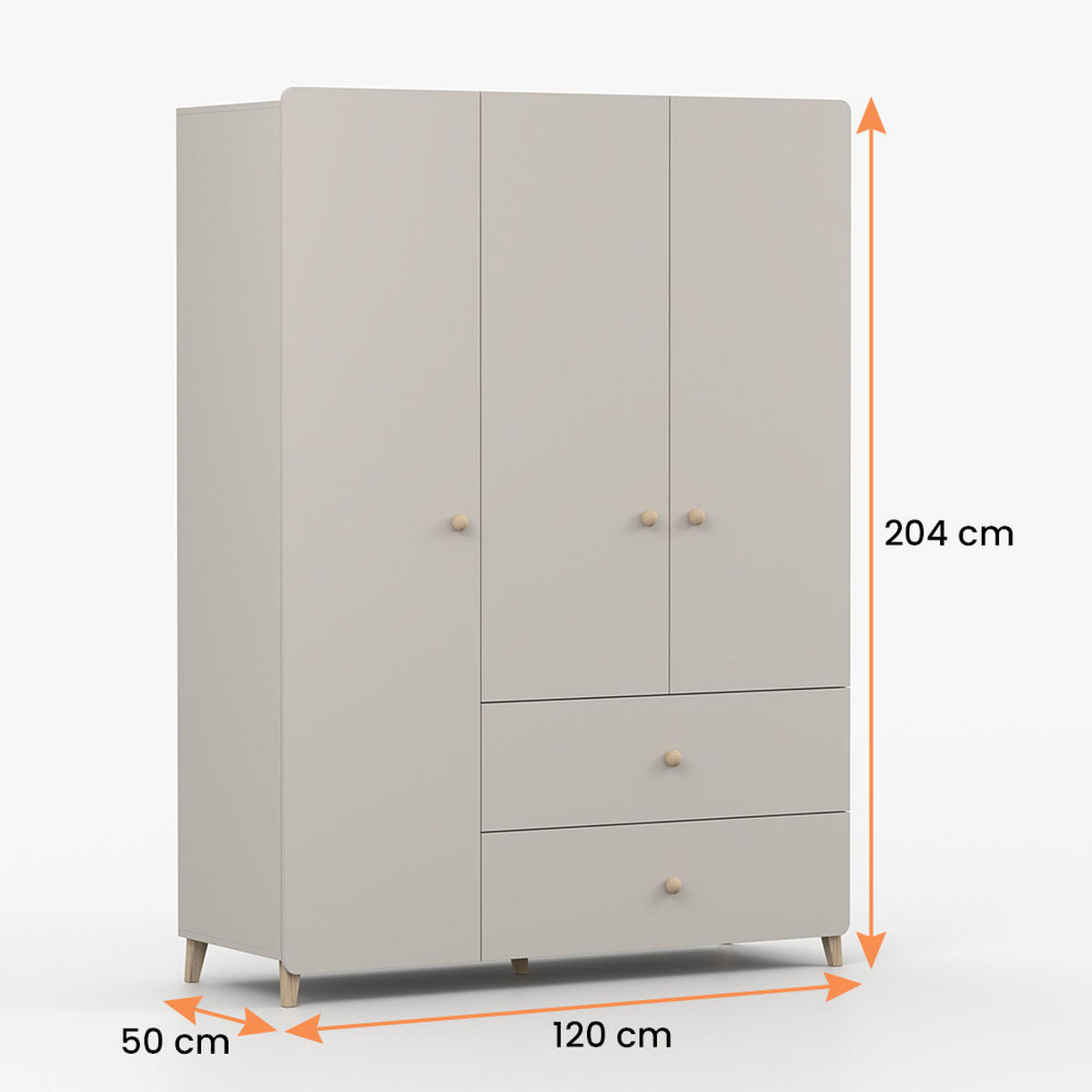 DREHTÜRENSCHRANK MARIO 3D 120 cm Kaschmir/Kaschmir, 3-türig, zwei Schubladen, Holzgriffe - Kaschmir/Eukalyptusholzfarben, Holz/Holzwerkstoff (120/204/50cm) - imoebel24