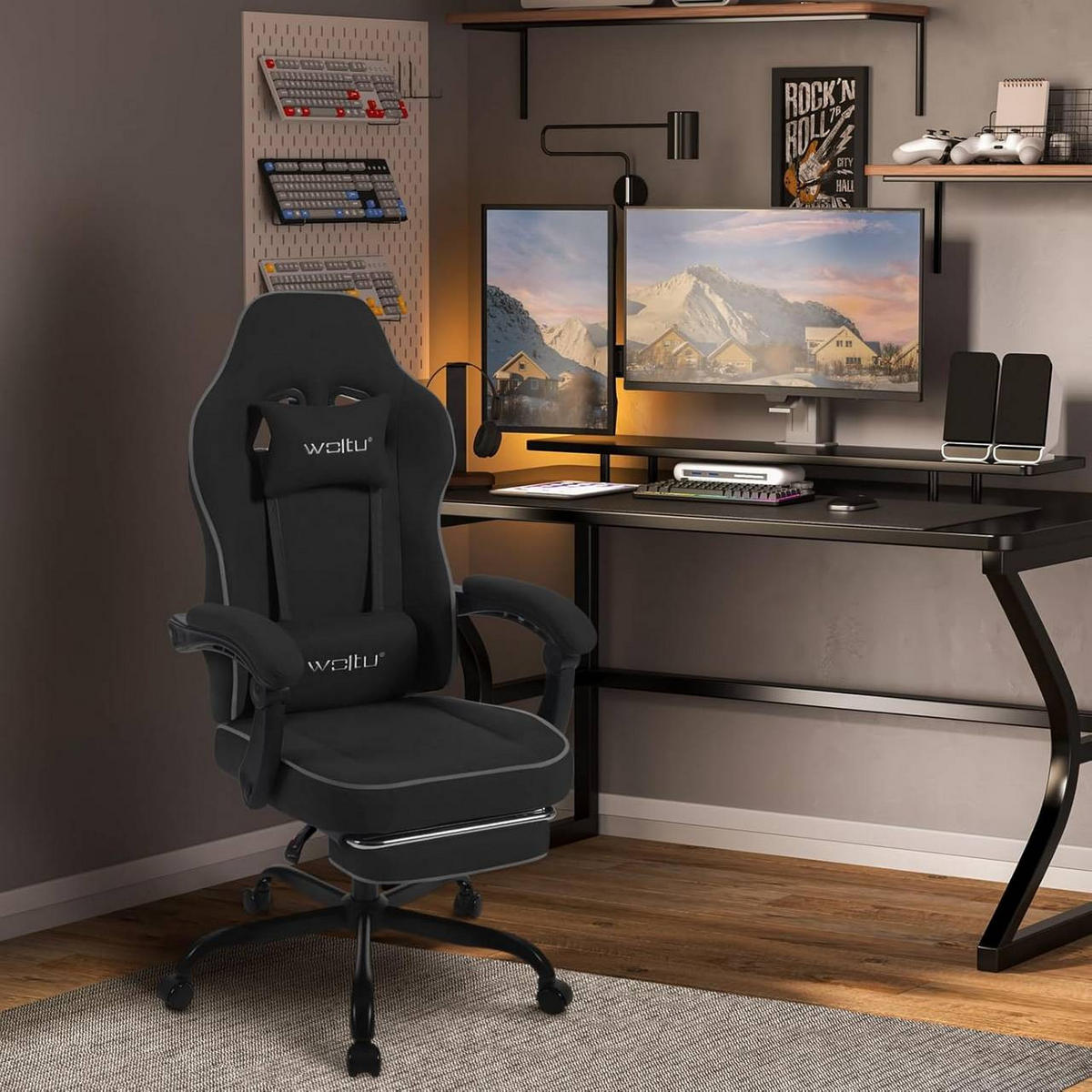 GAMINGSTUHL Drehstuhl, Tech-Stoff, Schwarz - Schwarz, Kunststoff/Textil (63.5/117.5/60cm) - Woltu
