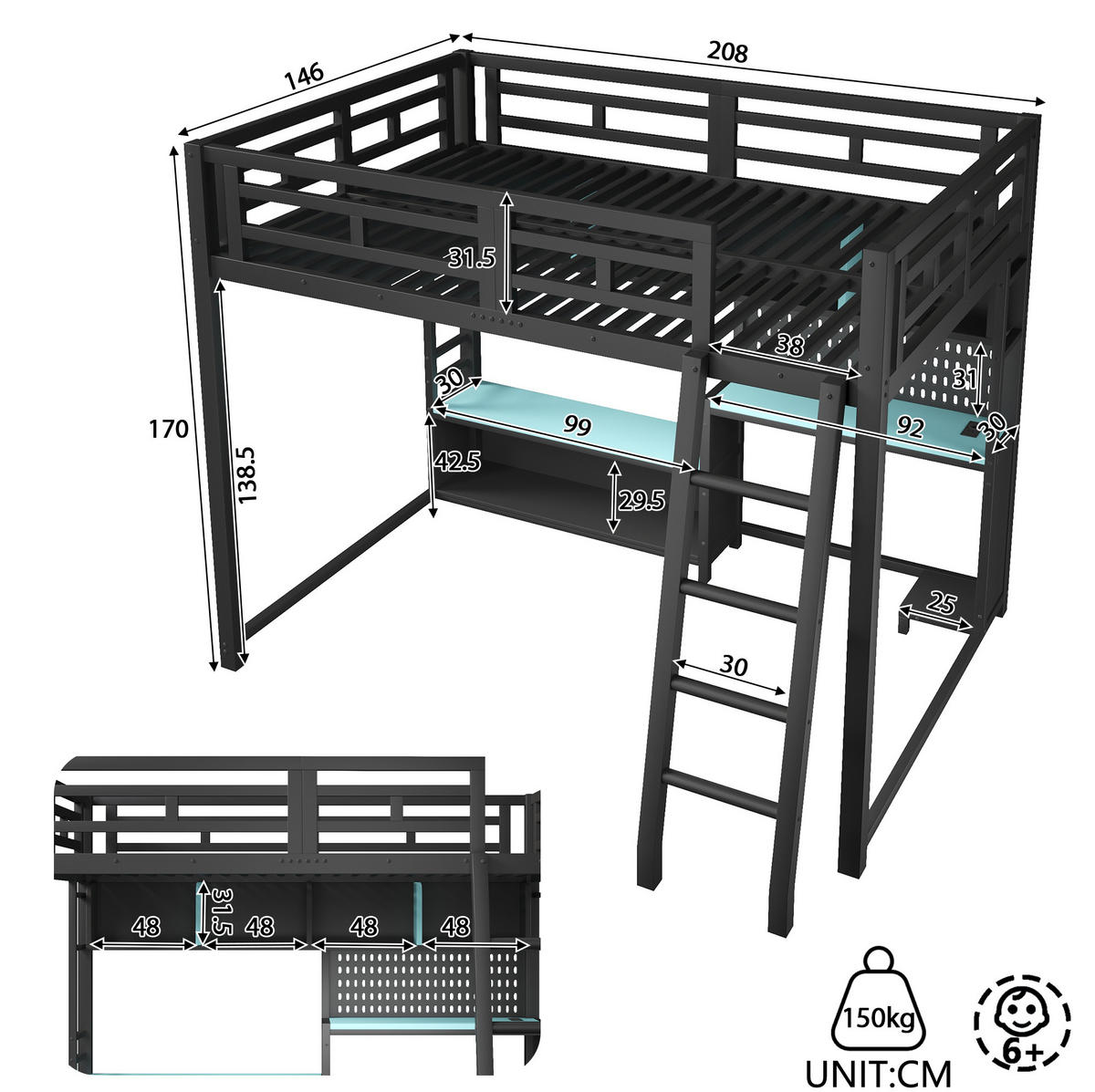 GAMING-HOCHBETT 140x200 cm in Schwarz mit Schreibtisch, RGB-LED und Regalen - Schwarz, Holzwerkstoff (140/200cm) - IVMEU