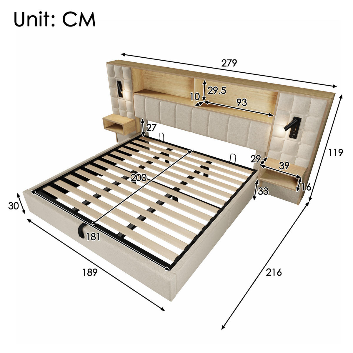 BETT 180/200 cm in Beige mit Bettkasten, LED, Leselampen, USB, Type-C und Nachttischen - Beige, Holzwerkstoff/Textil (180/200cm) - WISHDOR