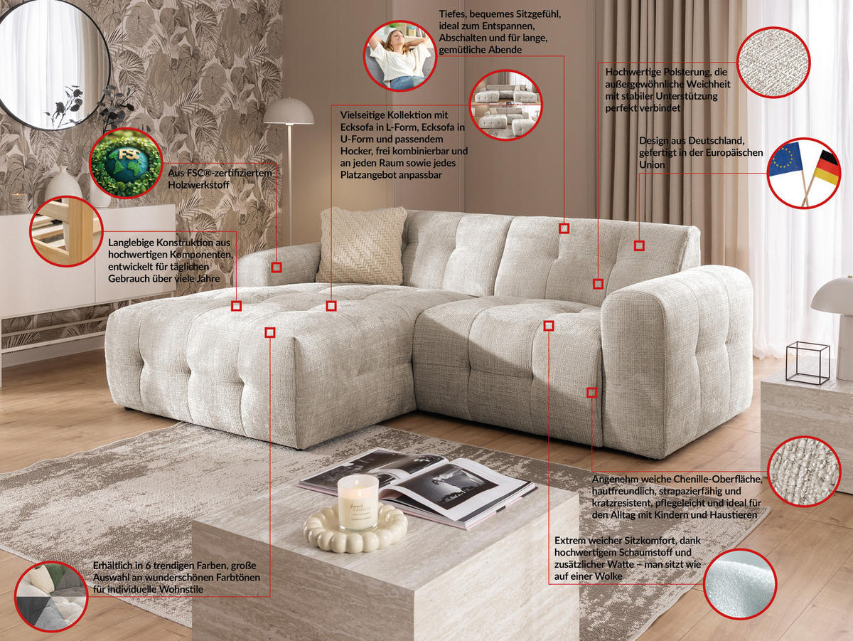 ECKSOFA Kozy im Bumpy-Design mit fester Rückenlehne aus weichem Dunkelbeige Chenille-Stoff - Ottomane links - Beige/Schwarz, Holz/Kunststoff (161/234cm) - S-Style Möbel