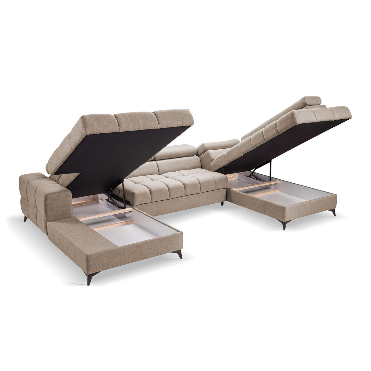 ECKSOFA PUDDING U Links mit Schlaffunktion 125x260 Velours Beige - Beige/Schwarz, Holz/Textil (203/350cm) - Muffo
