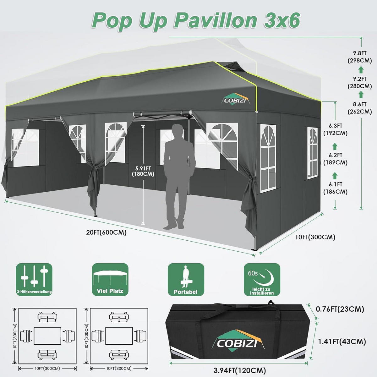 FALTPAVILLON 3x6m grau mit 6 Seitenwänden und Ein-Knopf-Zentralverriegelung - Grau, Textil (300/298.2/600cm)