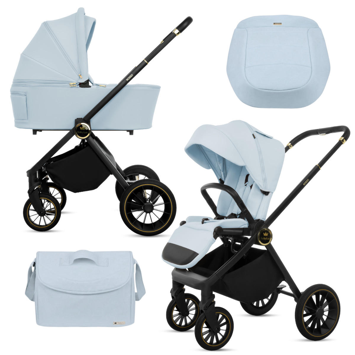 KINDERWAGEN Rosso 2in1 Blau Babywanne, Buggy Sportsitz, Faltbar, Wickeltasche - Blau/Schwarz, Textil/Metall (58/100cm) - BabyLux