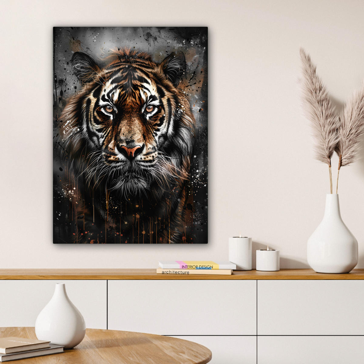 LEINWANDBILD Tiger - Tiere - Porträt - Luxus - Schwarz Wandbild Wohnzimmer 60x80 cm - Anthrazit, Textil (60/80cm) - MuchoWow