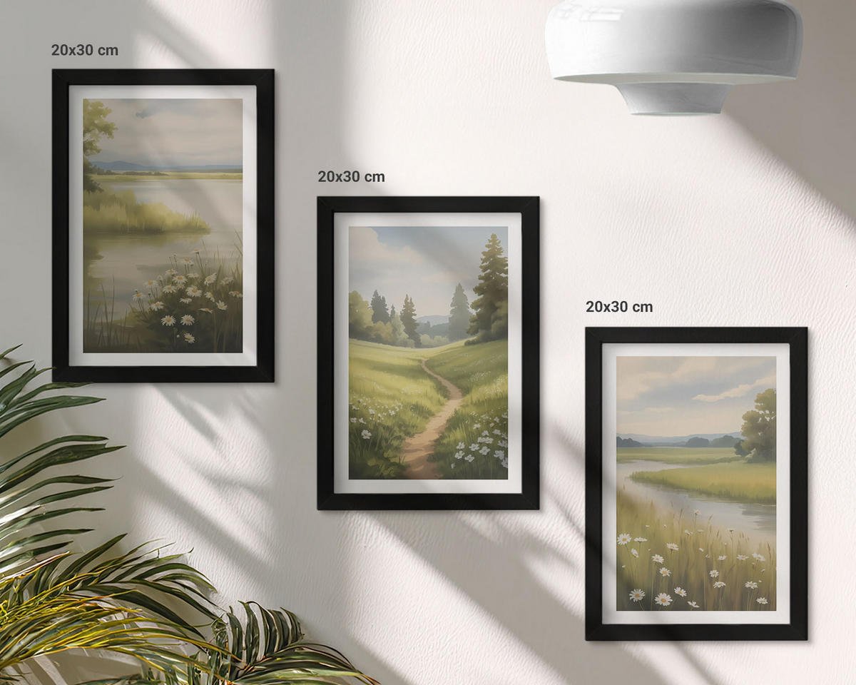 BILDER SET 3er Set - 20x30 cm Schwarzer Rahmen - Frühlingslandschaft Flusswiese - Schwarz, Kunststoff (20/30cm) - TULUP