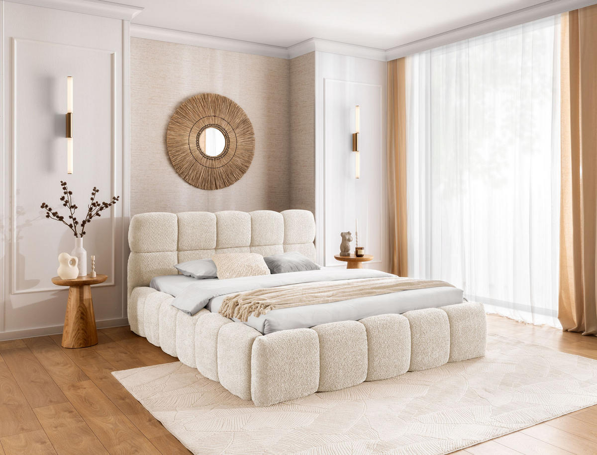 POLSTERBETT SOFIA 180x200 mit Bettkasten,Bubble,Doppelbett,Lattenrost,Boxspringbett-Optik,ohne Matratze-Creme - Creme, Holz (180/200cm) - Furnistar