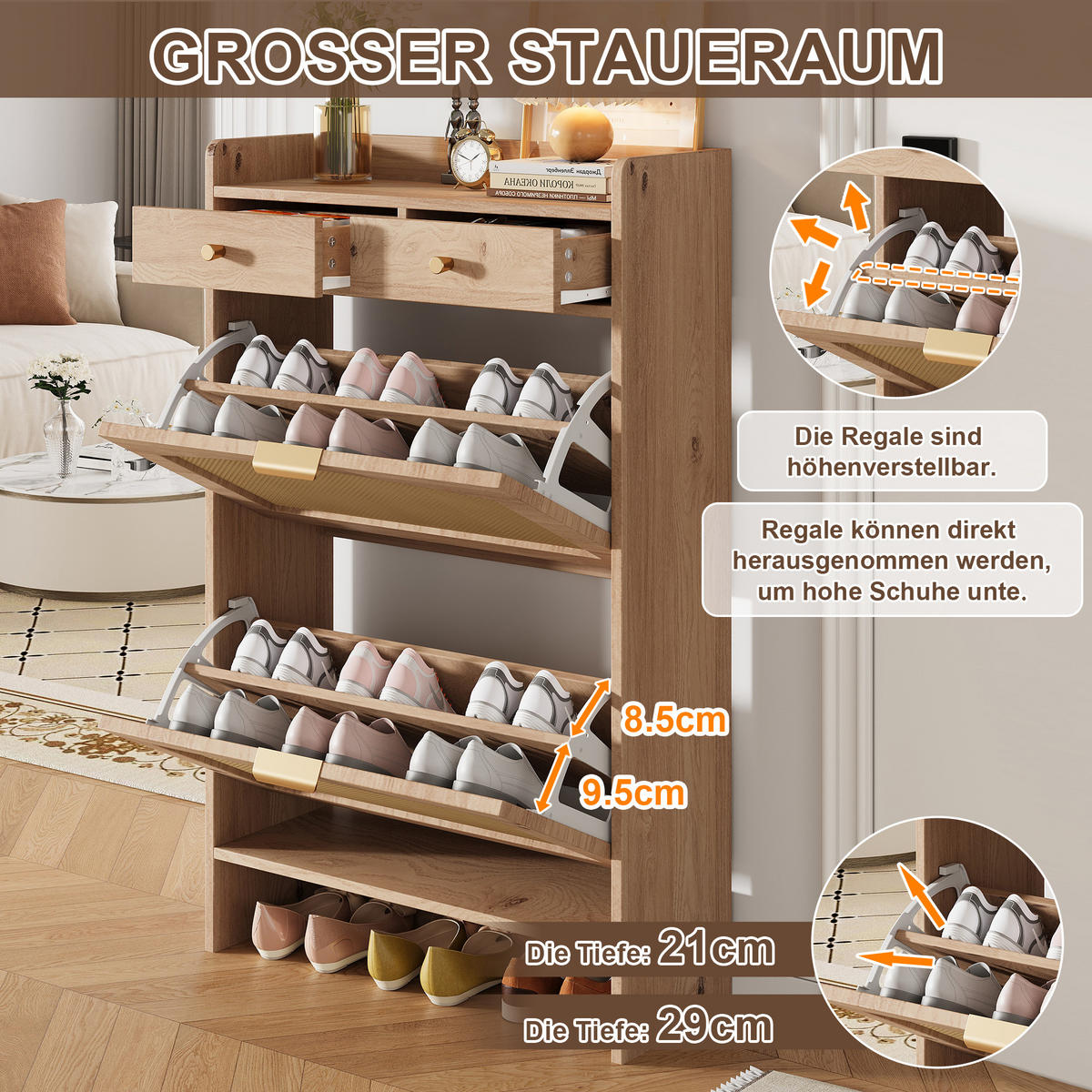 SCHUHSCHRANK 65x25x106cm Holzoptik mit Rattan-Doppeltüren - Naturfarben, Holzwerkstoff (65/106/25cm) - FLIEKS