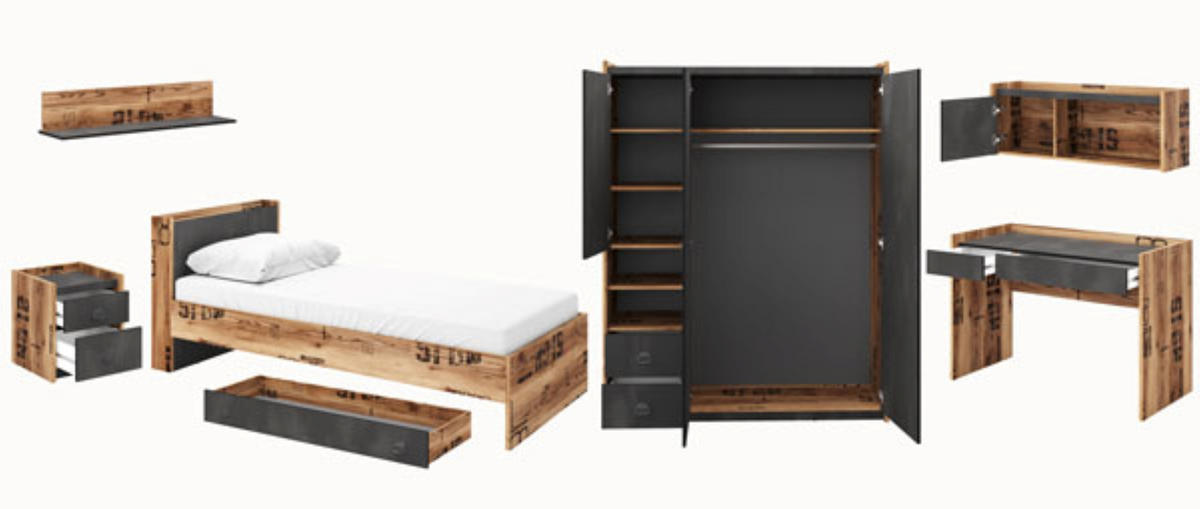 JUGENDZIMMER-SET Fargo Canyon Alpine Spruce / Raw Steel 641x218x191cm 7-teilig - Braun/Grau, Holz/Holzwerkstoff (641/191/218cm) - Feldmann-Wohnen