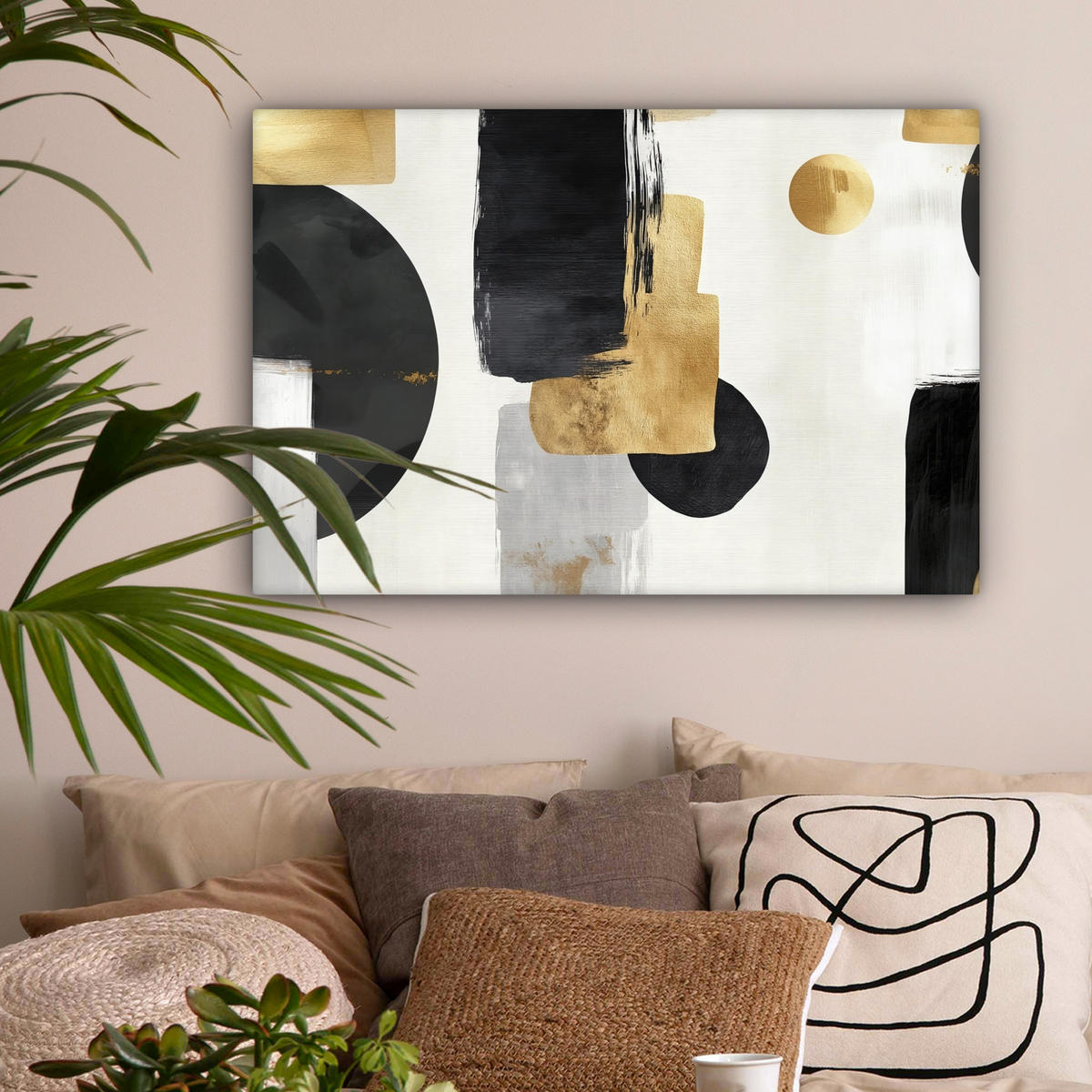 LEINWANDBILD Gold - Rechtecke - Kreise - Abstrakt Wanddeko 90x60 cm - Weiß, Textil (90/60cm) - MuchoWow